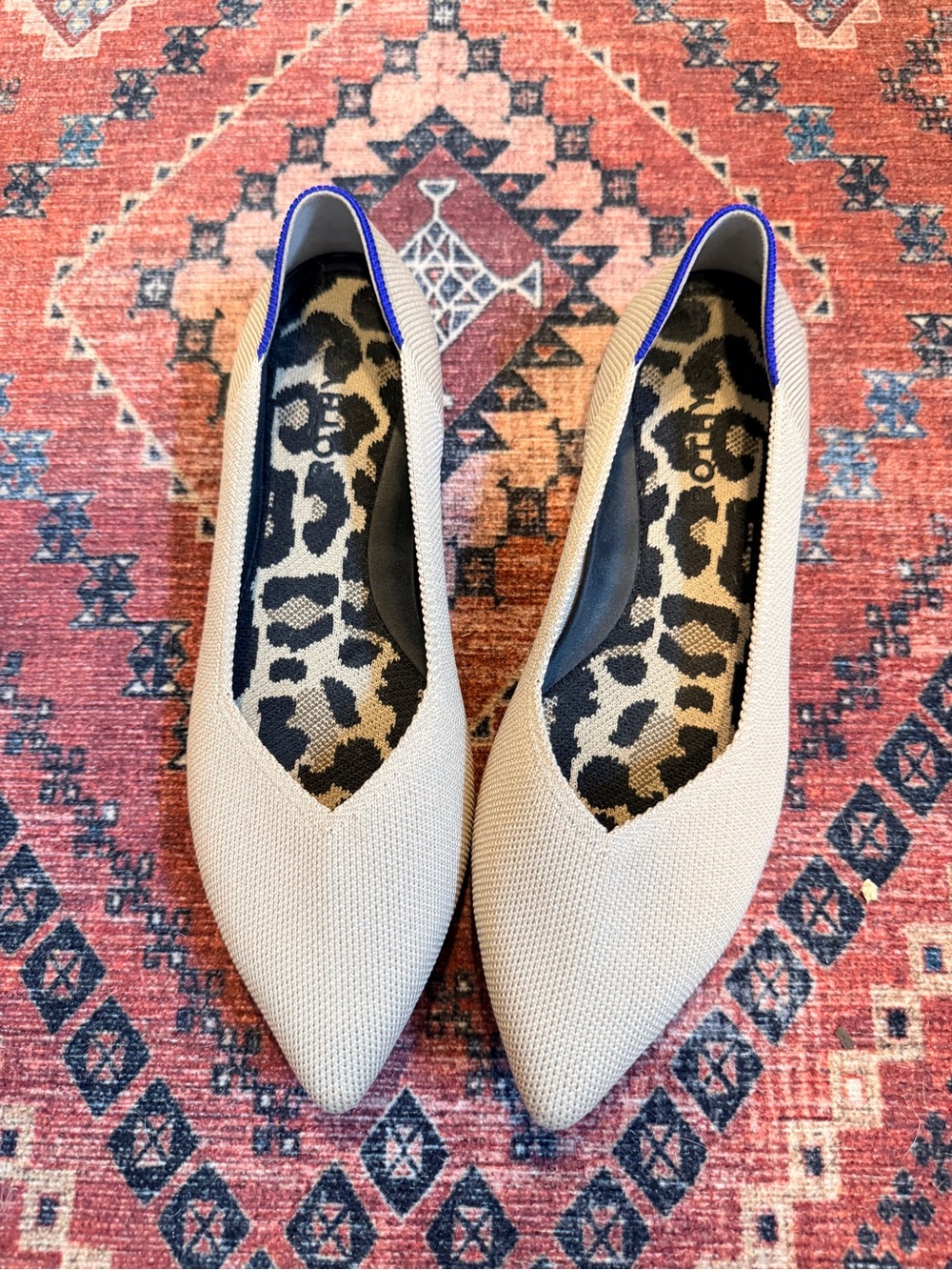 Women’s Rothy’s Pointed Knit Flats in Beige with Leopard Insole